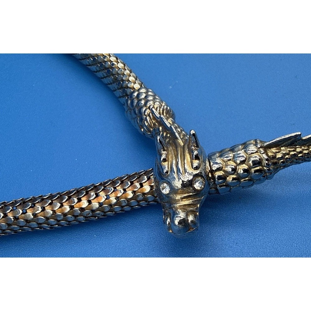 Vintage Mesh Gold Tone Dragon Choker Necklace Clear Eyes